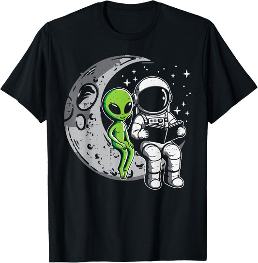 Astronaut Reading Book To Alien Moon Space Women Kids Men T-Shirt