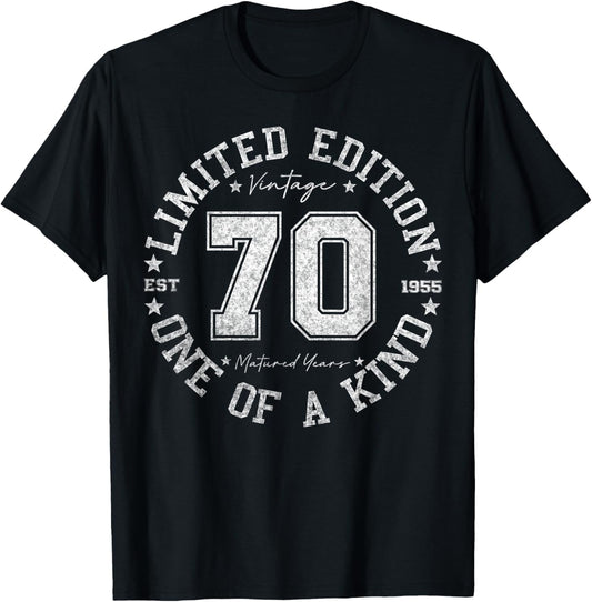 70th Birthday T-Shirt, Unisex-Adult, Short Sleeve, Black, Small, Vintage, Number, Cotton Blend, Machine Wash, T-Shirt