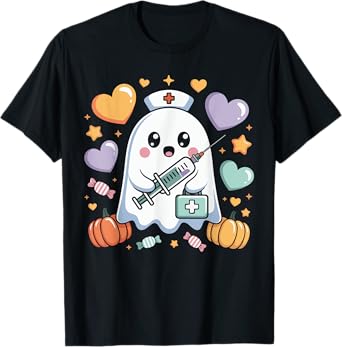 Cute Halloween Ghost Nurse Syringe Pumpkin Hearts Design T-Shirt