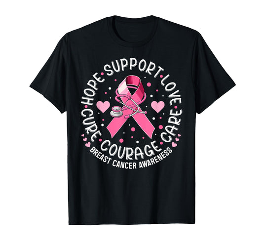 Breast Cancer Awareness Pink Ribbon Nurse Scrub Top Support T-Shirt