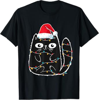 Cute Black Cat Santa Christmas Lights Meow Kitty Kitten Xmas T-Shirt for Men Women Kids
