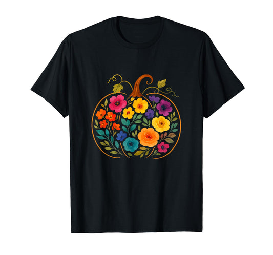 Colorful Flowers Pumpkin Shape Thanksgiving Farmer Farming T-Shirt