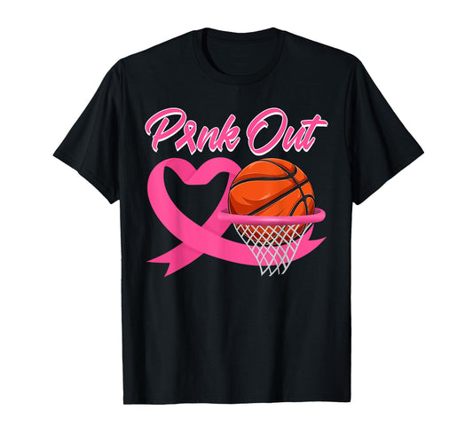 Pink Out Breast Cancer Pink Ribbon Heart & Basketball Ball T-Shirt