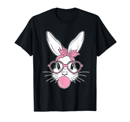 Bunny Face Easter Day Bubblegum Bandana Glasses Womens Girls T-Shirt