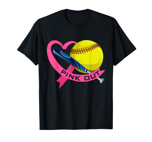 Pink Out Breast Cancer Pink Ribbon Heart With Softball Ball T-Shirt