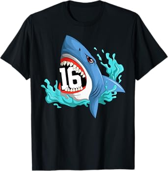 16 Shark Birthday Animal Themed Bday Party Celebration T-Shirt