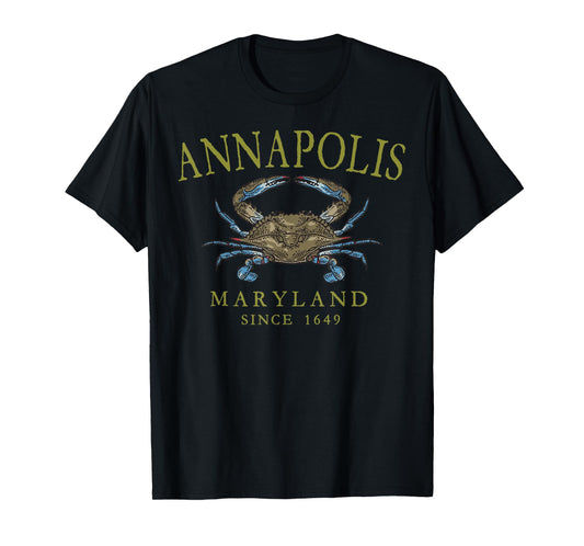 Annapolis Maryland Blue Crab Since 1649 Arched Olive Letters T-Shirt