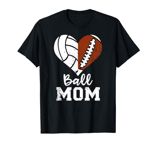 Ball Mom Heart Funny Football Volleyball Mom T-Shirt