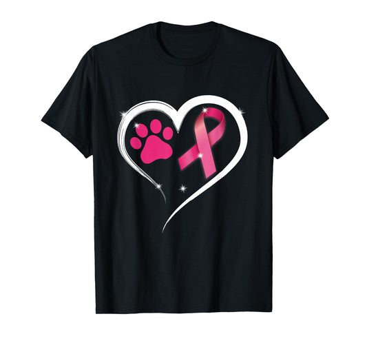 Heart Dog Paw Print Pink Ribbon Breast Cancer Awareness T-Shirt