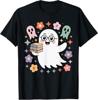 Cute Ghost with Books and Floating Halloween Spirits Art T-Shirt