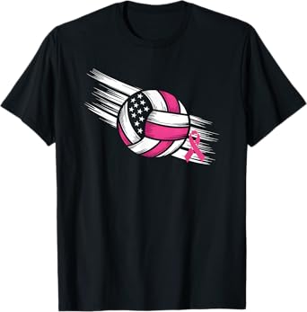 Volleyball Pink Ribbon Breast Cancer Awareness USA Flag T-Shirt