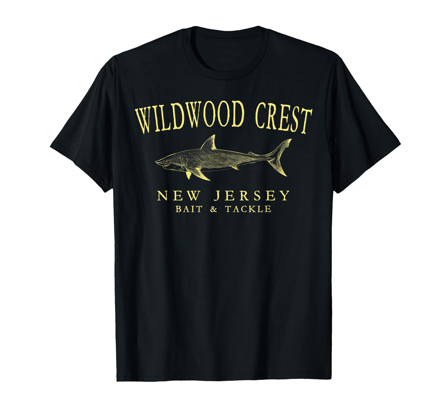Wildwood Crest New Jersey Shark Retro Arched Yellow Letters T-Shirt