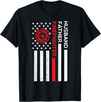 Husband Father Firefighter US Flag Fathers Day Fireman Men T-Shirt