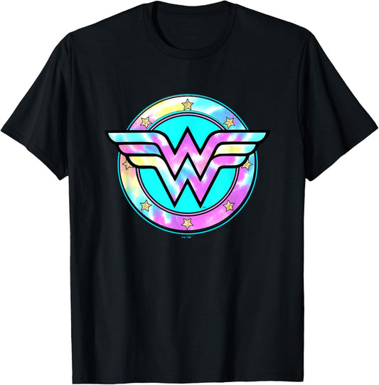 DC Comics Wonder Woman Rainbow Tie Dyed Superhero Badge T-Shirt