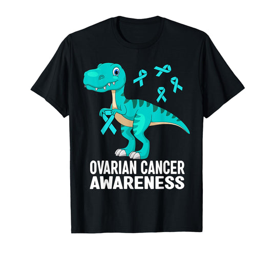 Ovarian Cancer Awareness Teal Ribbon Dinosaur Women Men Kids T-Shirt