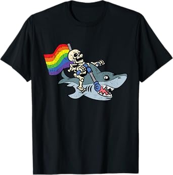 Gay Pride Flag LGBT-Q Funny Skeleton Shark Men Women T-Shirt
