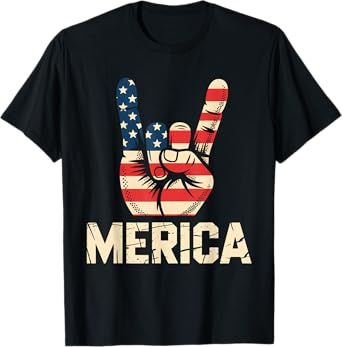 Merica Rock Sign 4th of July Vintage American Flag Retro USA T-Shirt