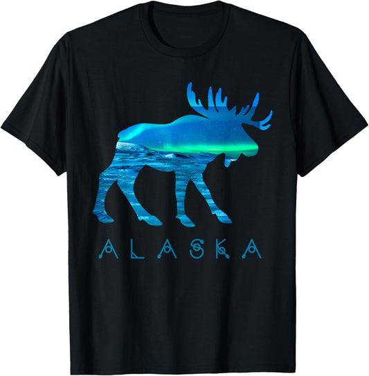 Alaskan Moose with Aurora Borealis Snow Scene T Shirt T-Shirt