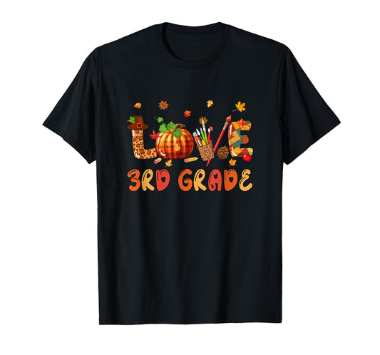 Love 3rd Grade Thanksgiving Leopard Fall Leaves Teachers T-Shirt