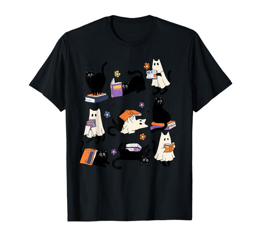 Cute Ghost Cat Reading Books Lover Bookish Halloween Spooky T-Shirt