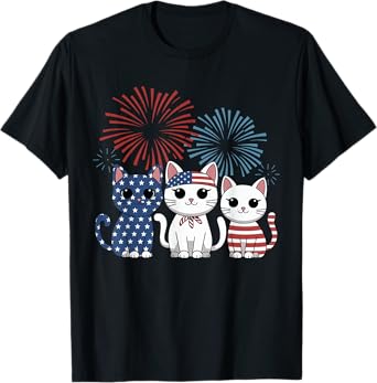 Red White Blue Cat USA Flag Firework 4th Of July T-Shirt for Men Women Kids