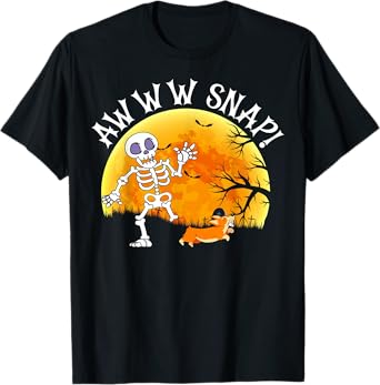 Awww Snap Funny Skeleton Corgi Dog Pun Spooky Halloween T-Shirt