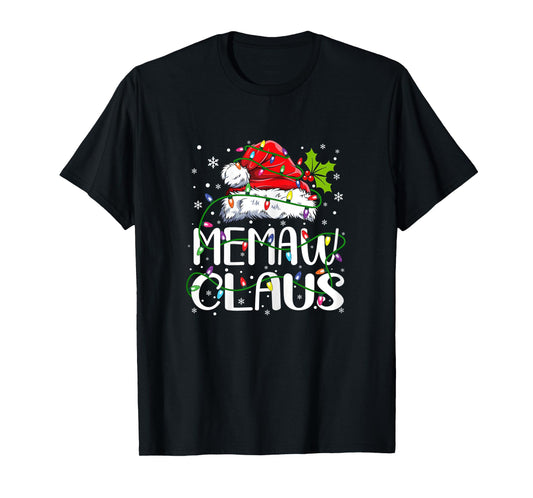 Womens Memaw Claus Christmas Santa Hat Matching Family Xmas Lights T-Shirt