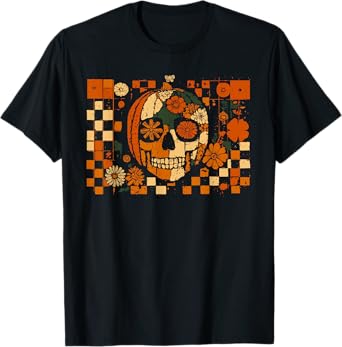 Floral Pumpkin Skull Checkered Fall Halloween Thanksgiving T-Shirt