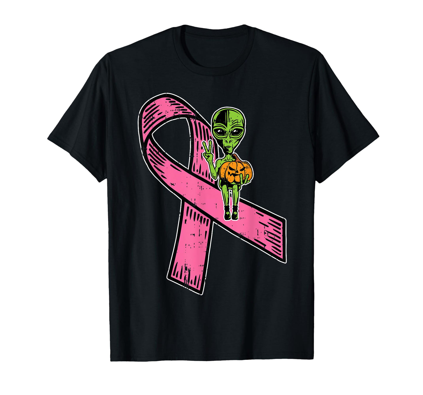 Pink Ribbon Alien Pumpkin Cool Halloween Breast Cancer Gifts T-Shirt