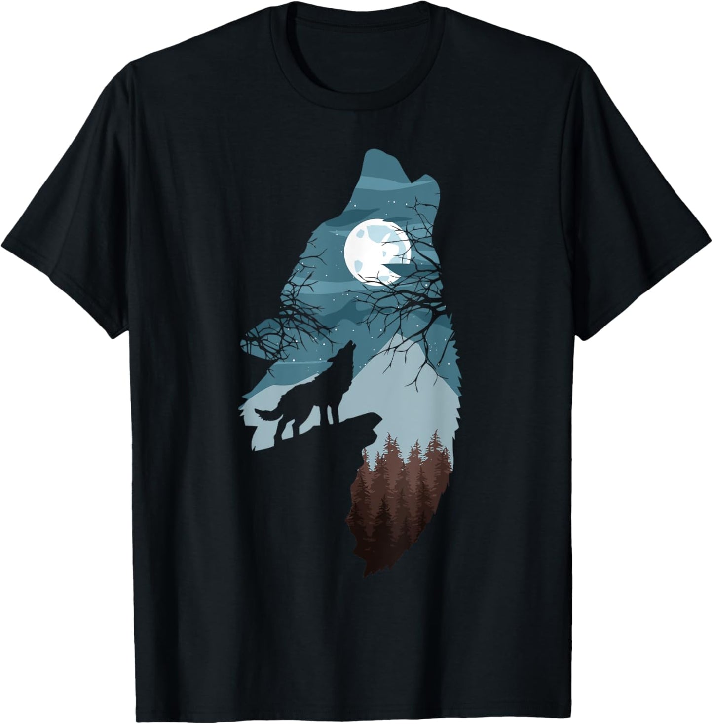 Forest with Full-Moon and Cliff Of Silhouette Howling Wolf T-Shirt