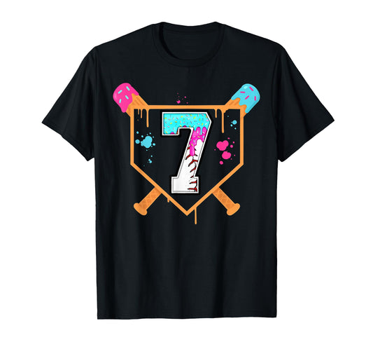 Baseball 7th Birthday Ice Cream Drip 7 Years Old Bday Boy T-Shirt