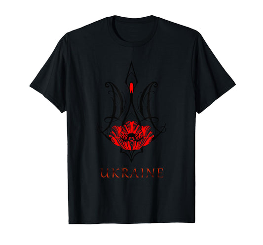Ukraine Black Coat Arms with Poppy Trident Tryzub Ukrainian T-Shirt