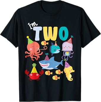 Cute Sea Animals Ocean Creatures Party 2nd Birthday I'm Two T-Shirt