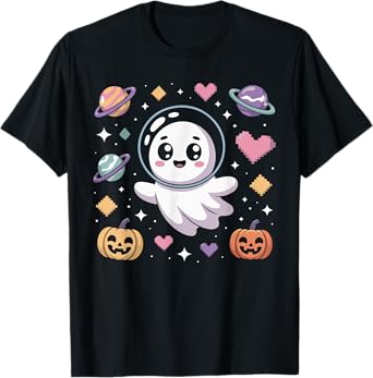 Kawaii Astronaut Ghost with Pixel Hearts and Pumpkins Boys T-Shirt