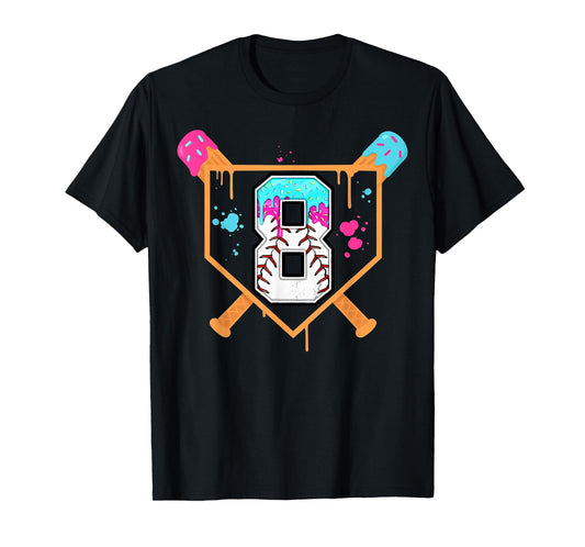 Baseball 8th Birthday Ice Cream Drip 8 Year Old Birthday Boy T-Shirt