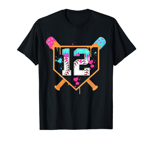 Baseball 12th Birthday Boy Ice Cream Drip 12 Year Old Bday T-Shirt