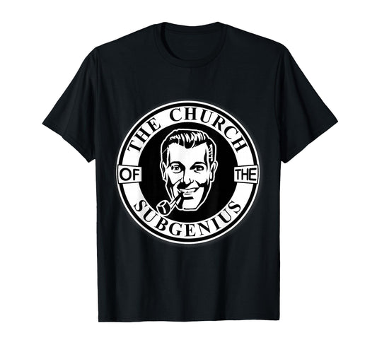 Apedes Unisex-Adults Black Cotton 65% Polyester 35% Classic Fit Collarless Crew Neck Short Sleeve T-Shirt - Church of the SubGenius - Religion Parody Prophet Church T-Shirt - Small
