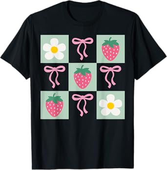 Retro Strawberry Coquette Bow Daisy Checkered Girl Aesthetic T-Shirt