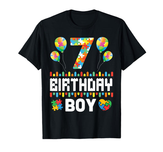 Puzzle Hearts Balloons Happy Birthday Autism 7 Years Old Boy T-Shirt