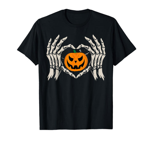 Skeleton Hand Heart with Pumpkin Halloween Funny Bones Love T-Shirt