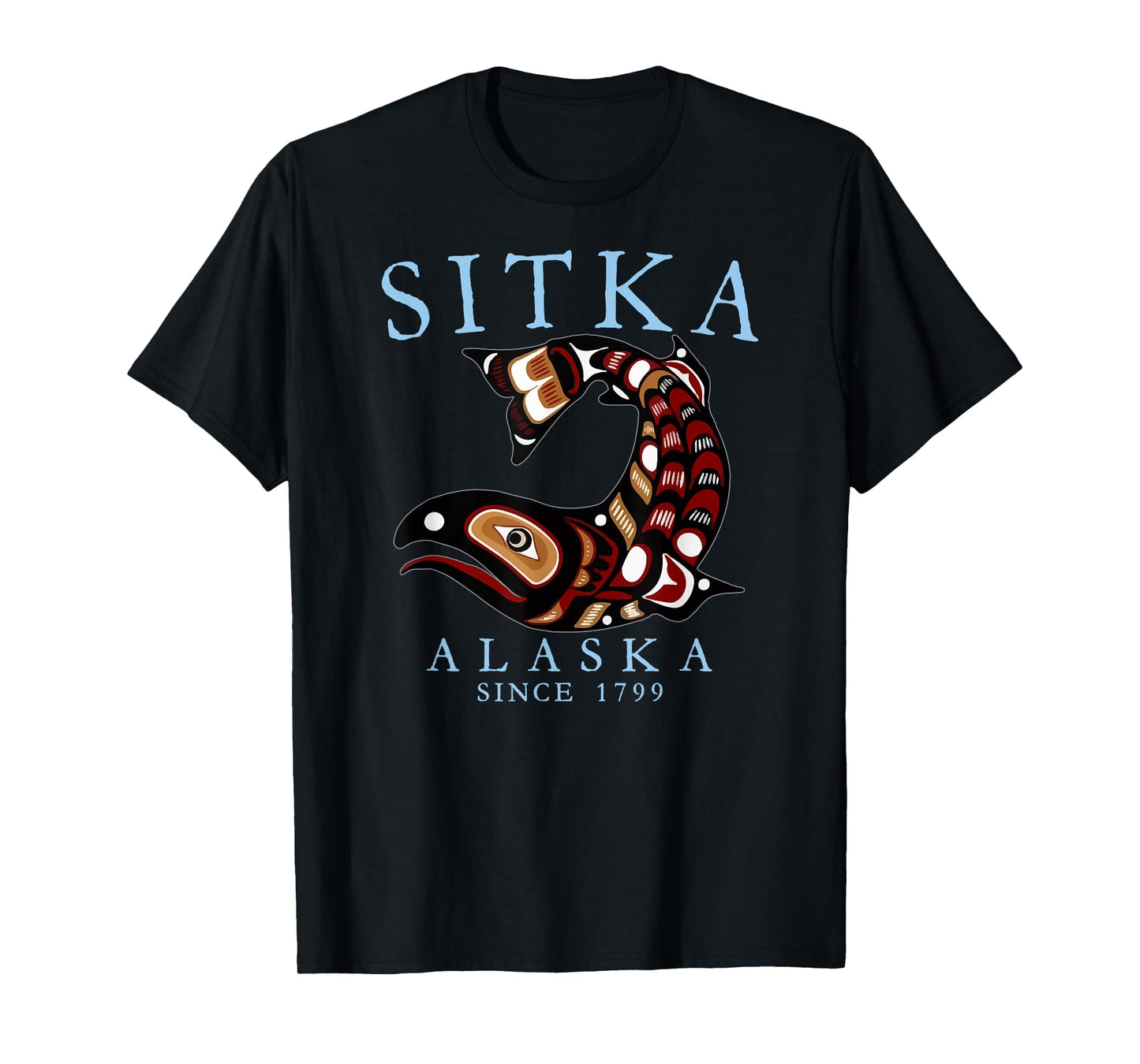 Sitka Alaska Tribal Art Salmon Since 1799 Pale Blue Letters T-Shirt