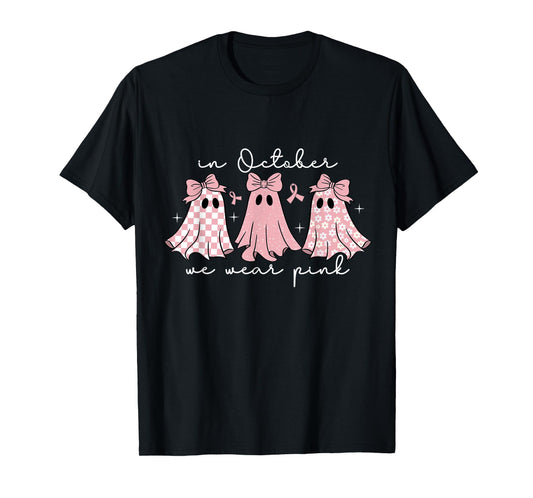 in October We Wear Pink Ghost Breast Cancer Halloween T-Shirt
