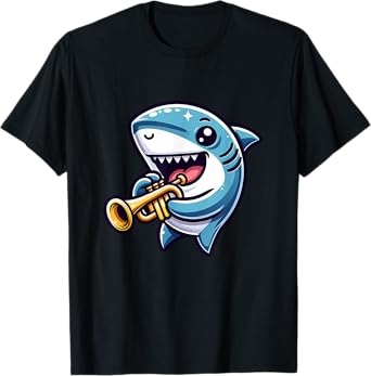Shark Playing Trumpet Cartoon Music Fun T-Shirt