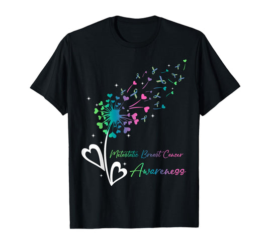 Heart Dandelion Flower Green Teal Pink Ribbons MBC Awareness T-Shirt