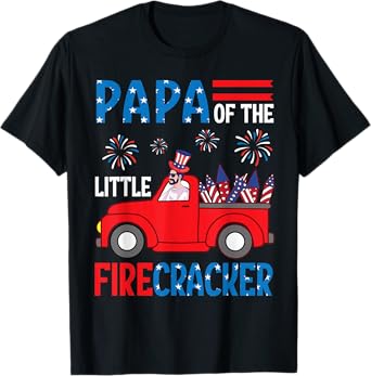 Papa Of The Little Firecracker 4th of July Trucker Grandkid T-Shirt