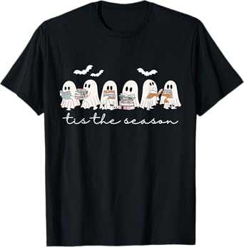 Cute Funny Ghosts Reading Books Tis The Season Halloween T-Shirt