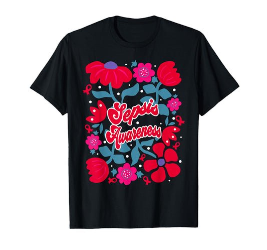 Sepsis Awareness Groovy Red Boho Flower Art Ribbon T-Shirt