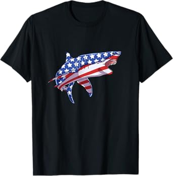 4th of July Shark American Flag USA Patriot Men Women Kids T-Shirt