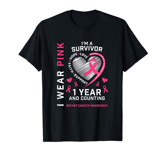1 Year Cancer Free Mom Pink Awareness Breast Cancer Survivor T-Shirt