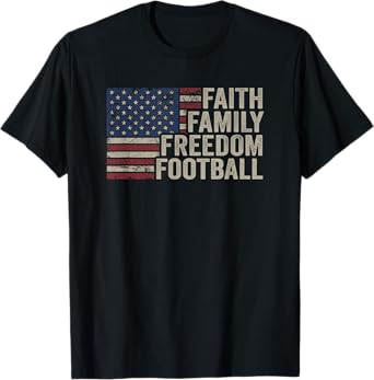 Faith Family Freedom Football - Vintage American Flag Player T-Shirt for Women Men